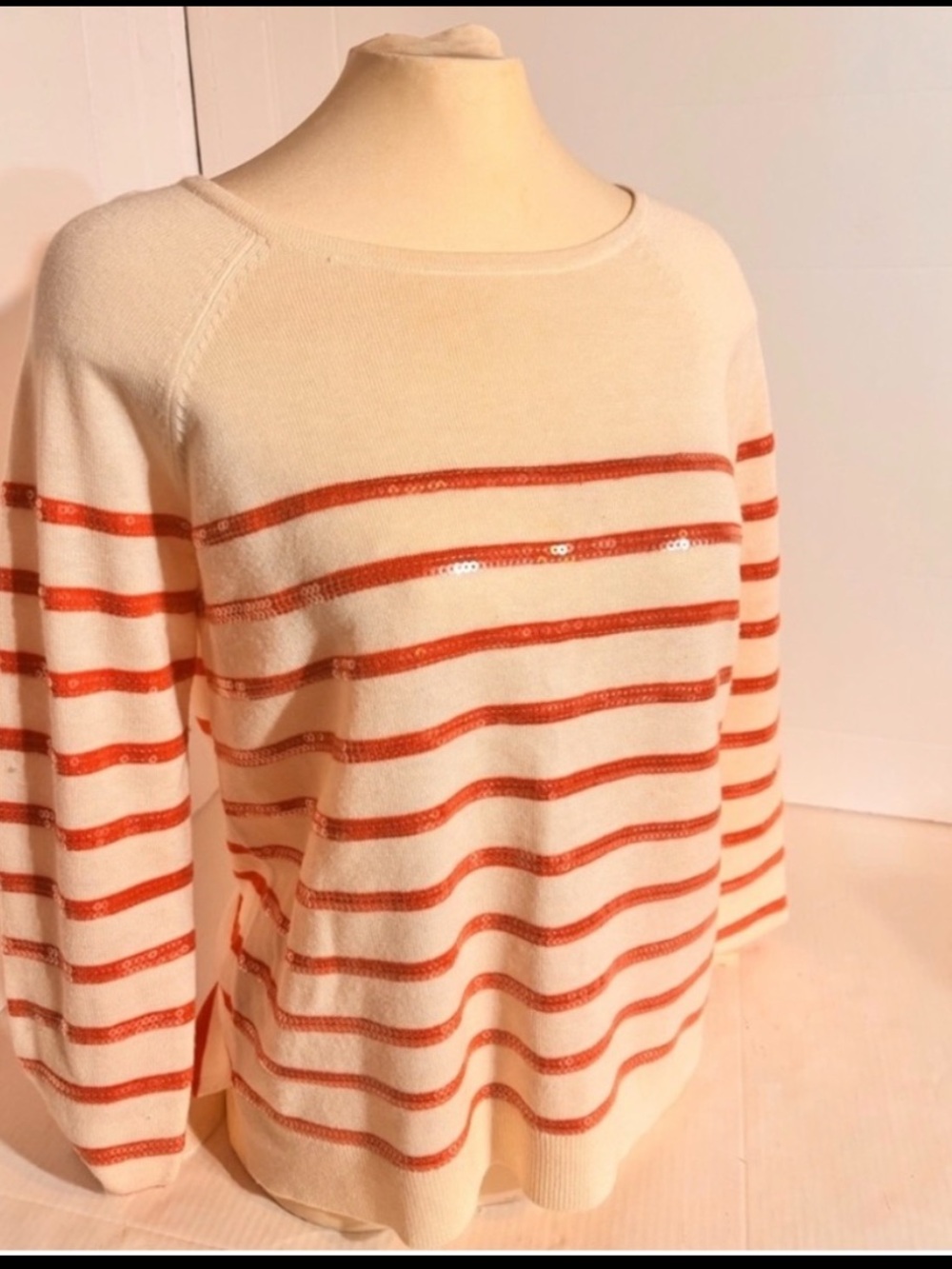 Ann Taylor Viscose Blend Striped Sweater Cream Orange Sequin Texture Petite M - Picture 2 of 4
